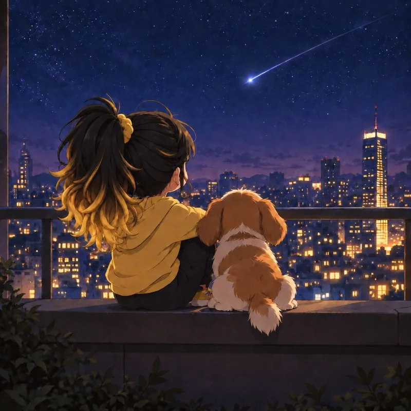 Summer and a little dog watching a meteor above the city from a rooftop.